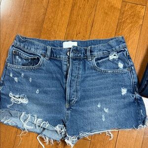 Distressed High-Waist Denim Shorts - Blue